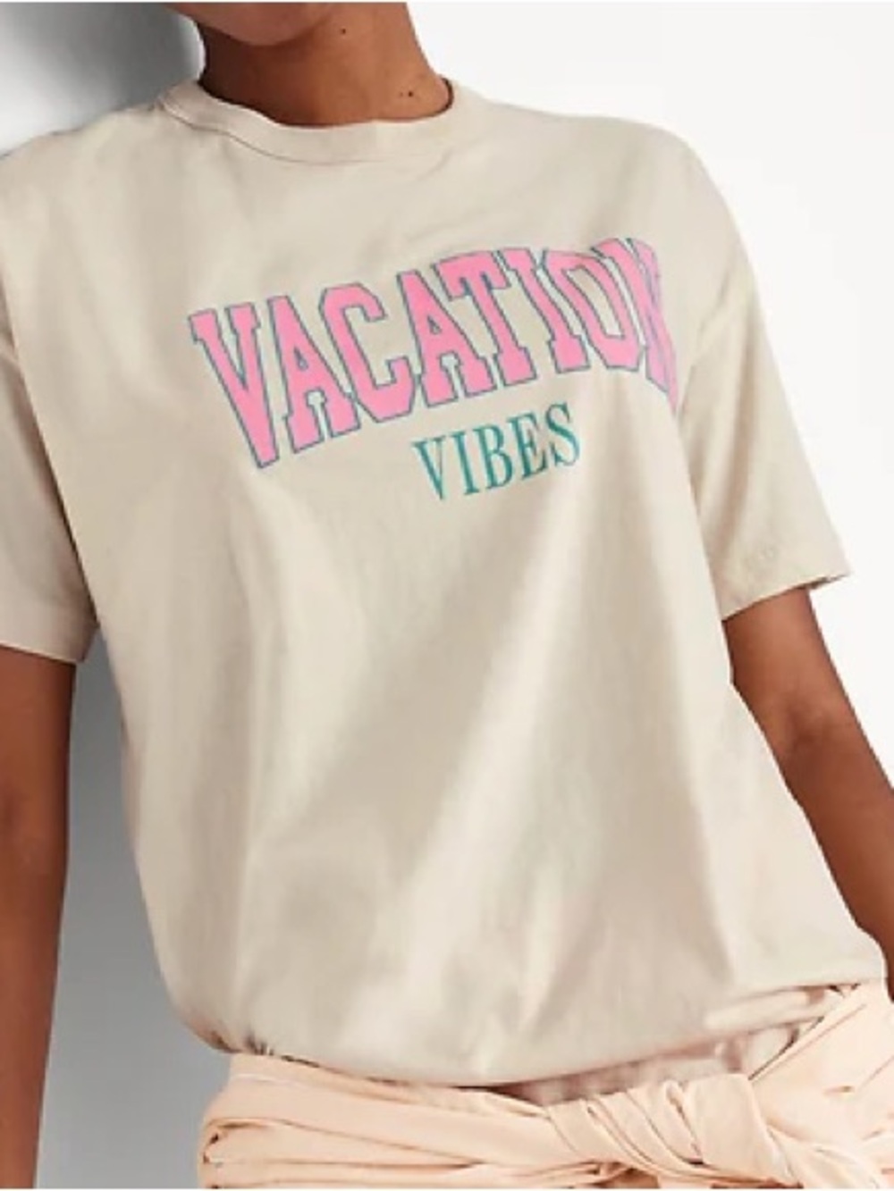 Old Navy Cream "Vacation Vibes" Graphic Tee with Pink and Teal Print
